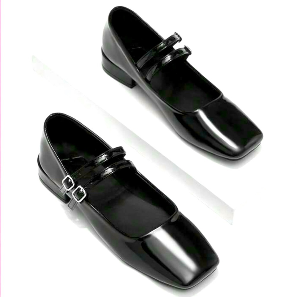 Square Toe Elegant BlackMary Jane Low Thick Heel Shoes